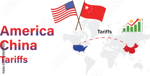 China and United States trade High Tariffs  war concept. Vector  cargo ships. Taxation of import and exports world map country high tariffs china flag america flag
