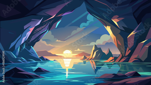 Sea cave opening vector with light reflecting on water, dramatic flat illustration