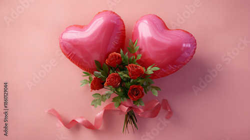 Romantic celebration with heart balloons and roses studio setting floral arrangement close-up