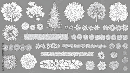 set of trees in lines in minimalist CAD. Set of sections of wetland forest outlines for landscape design drawing. Vector illustration in separate elements.