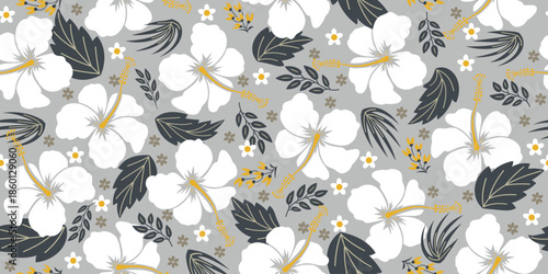 Beautiful white hibiscus floral print on a gray background, creating a gentle, vintage, soft look. Hibiscus flowers for summer wear, on shirts, sun hats, bags. Seamless hibiscus floral print.