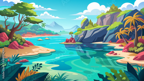 Coral sea lagoon vector with crystal clear water, tropical flat illustration