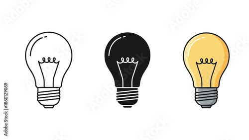 Set of three light bulb icons outline, solid black and illuminated yellow, representing ideas and innovation
