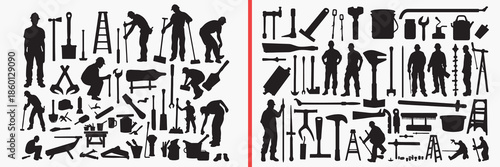 construction worker silhouettes vector, building tools clipart, manual labor svg, construction activity illustration, industrial work graphics, black worker silhouettes, repair tools vector art, job a