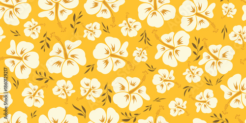 Beautiful yellow hibiscus floral print on a Yellow background, creating a gentle, vintage, soft look. Hibiscus flowers for summer wear, on shirts, sun hats, bags. Seamless hibiscus floral print.