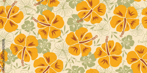 Beautiful yellow hibiscus floral print on a beige background, creating a gentle, vintage, soft look. Hibiscus flowers for summer wear, on shirts, sun hats, bags. Seamless hibiscus floral print.