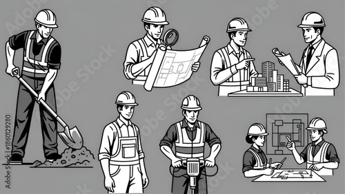 Construction Workers in Various Roles and Actions Isolated on Grey Background