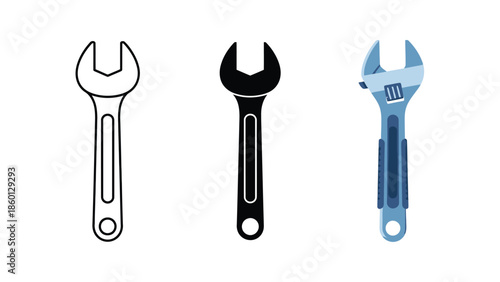 Set of three adjustable wrenches outline, silhouette and full color illustration