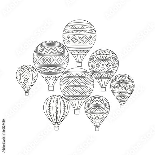 Whimsical Hot Air Balloons - Intricate Line Art for Coloring Enthusiasts.