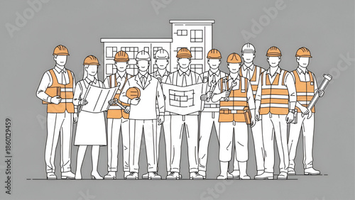 Construction Team Standing Together Wearing Hard Hats and Safety Vests in Front of Building Site, Vector Illustration