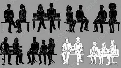 People Sitting on Benches in Various Poses Silhouette