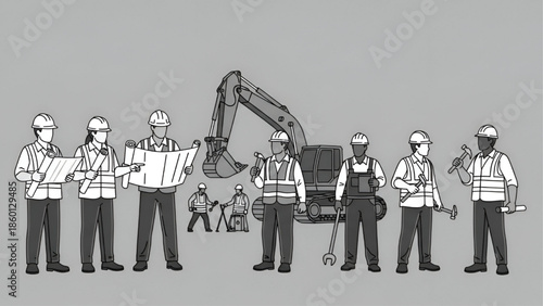 CAD Architect Vector – People Reviewing Blueprints with Hardhats