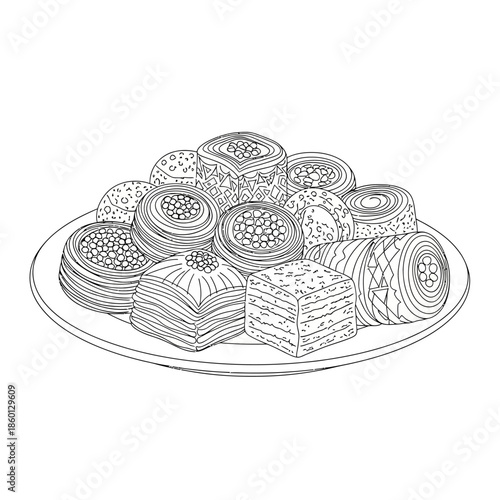Delicious Assortment of Traditional Middle Eastern Baklava Pastries on a Plate.