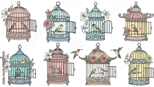 Pastel birdcages adorned with flowers and home to yellow, white, and green birds.

