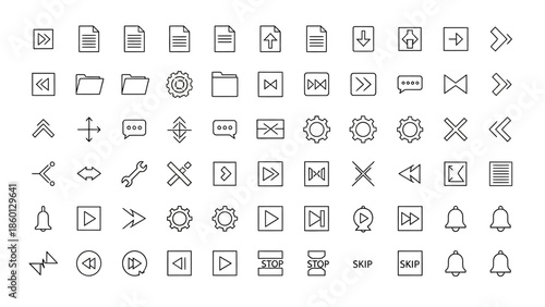 Line Art Icon Grid: Files, Folders, Settings, and Media Controls.

