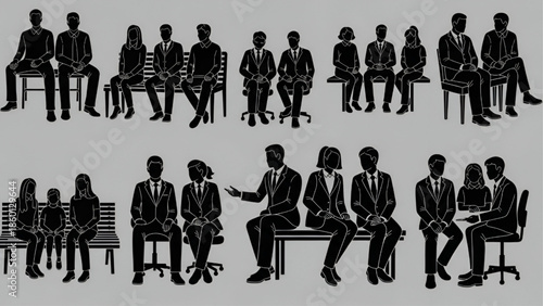Business People Sitting on Chairs in Office Setting Vector Illustrations