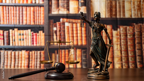 Lawyer office. Statue of Justice, scales and Judge's gavel against the backdrop of a wall of books or a library . Legal law, advice and justice concept