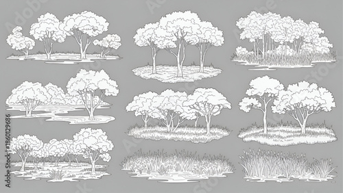 White Trees Illustration Set on Gray Background Isolated