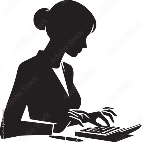A focused female professional, depicted in silhouette, diligently calculates figures using a calculator with a pen nearby.