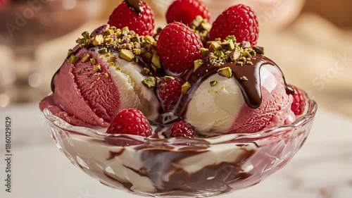 Close up of a delicious dessert with berries and chocolate