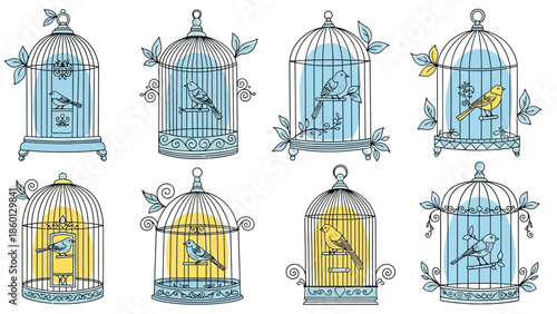 Birdcage Collection: Blue and Yellow Birds in Decorative Cages (Adobe Stock Image)

