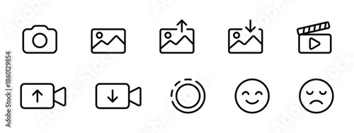 media icon set camera photo gallery video upload download emoji outline symbol for app interface