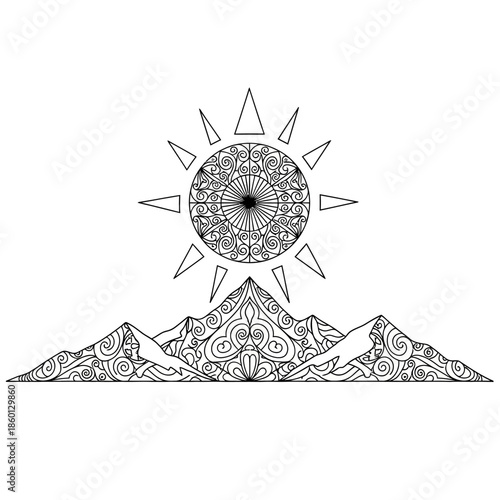 Detailed Mountain Range with Ornamental Sun Mandala Above.