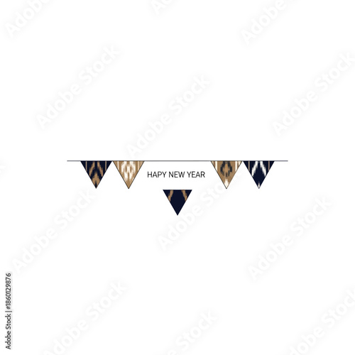 Happy New Year banner with elegant black and gold triangular flags.