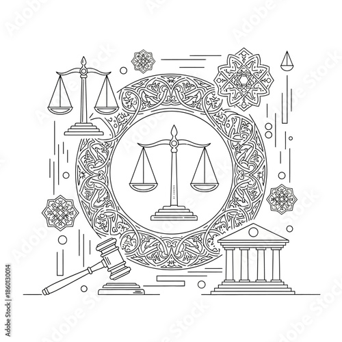 Symbols of law and justice in a black and white line art illustration.