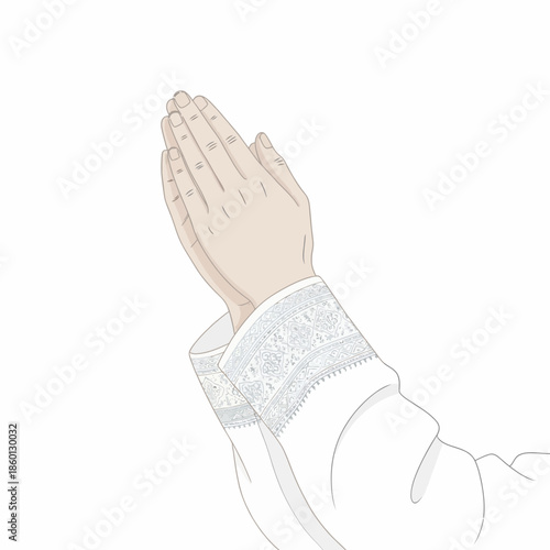 Hands clasped in prayer, sleeves with lace detail, illustration.