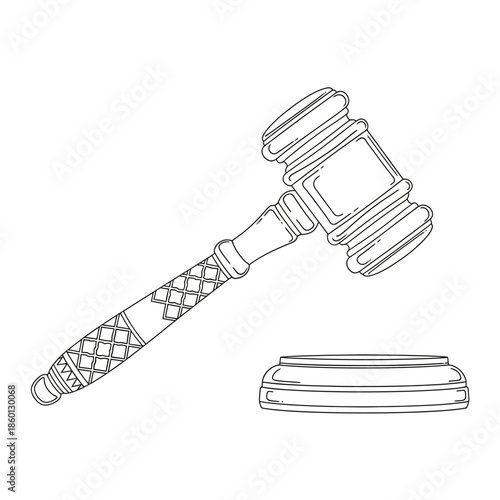 A black and white sketch of a judges gavel and sounding block.