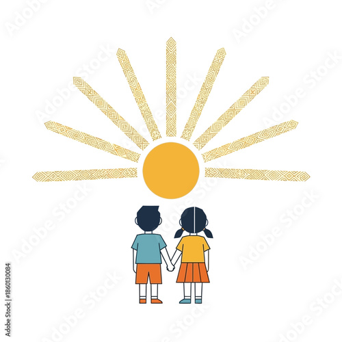 Two children holding hands under a bright sun illustration.