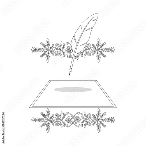 Elegant Quill Pen Writing on Paper with Decorative Borders.