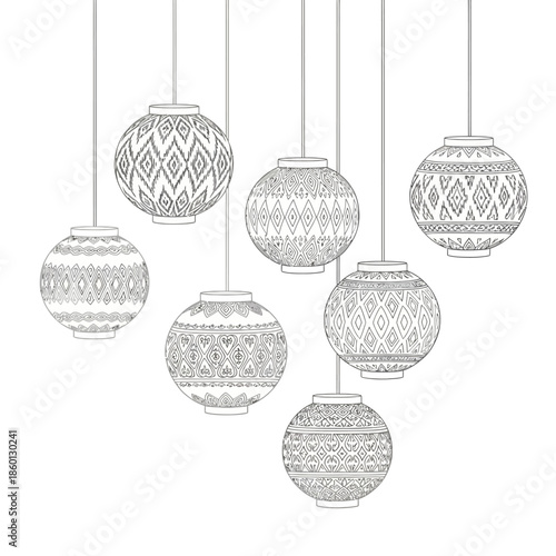 Collection of seven decorative hanging pendant lamps with intricate patterns.