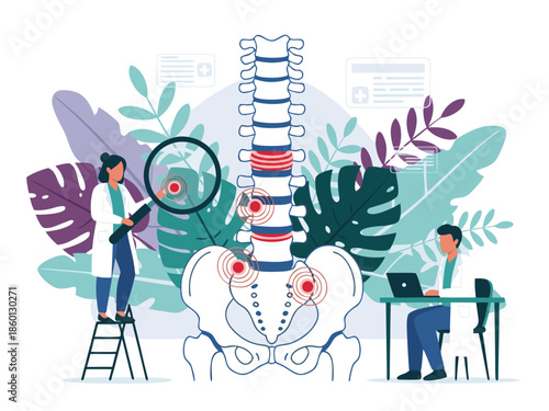 Vector illustration of doctors examining a human spine with pain points, highlighting spinal health and medical consultation