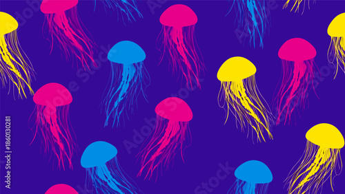 Vibrant Jellyfish Pattern Vector Illustration - A Splash of Neon Aquatic Life