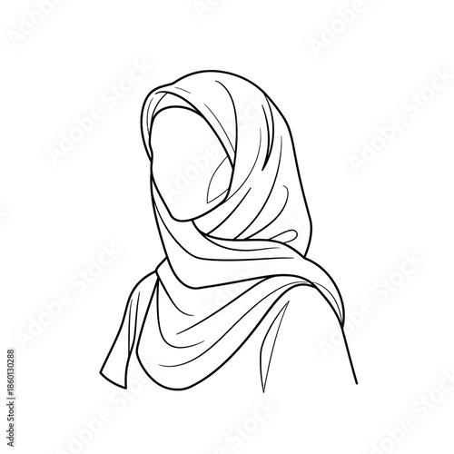 Elegant Line Art Drawing of a Woman Wearing a Hijab.