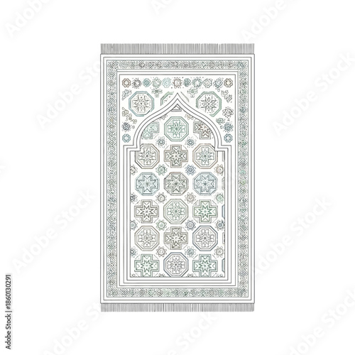 Detailed Islamic Prayer Rug with Geometric and Floral Patterns.