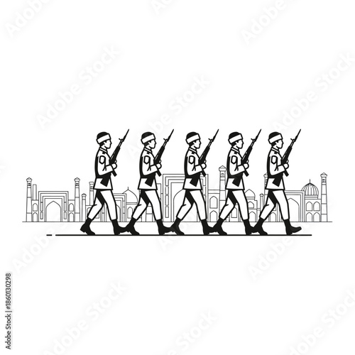 Line of Soldiers Marching in Formation with Rifles.