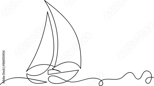 Continuous one line drawing of sailboat. Single continuous line art depicting a sailboat gracefully cruising on water. This minimalist illustration features a sailboat drawn with a single, unbroken