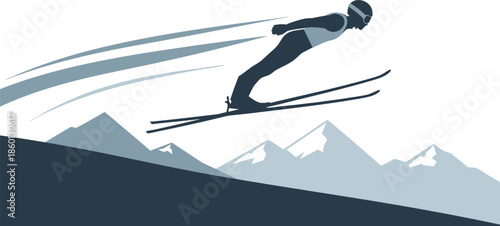 Ski jumper soaring through the air against a backdrop of snowy mountains