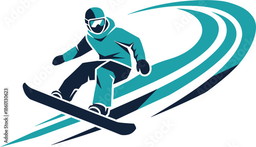 Dynamic stylized illustration of a snowboarder in action, capturing the exhilarating thrill and speed of winter sports. Ideal for promoting outdoor adventure and athletic pursuits