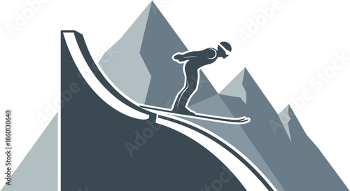 Stylized illustration of a ski jumper launching from a ramp against abstract mountains, capturing the thrill of winter sports and alpine flight