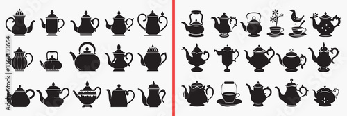 tea kettle silhouettes vector, teapot clipart, beverage container svg, kitchen teaware illustration, tea serving graphics, black kettle silhouettes, cafe vector art, tea pot design, teaware collection