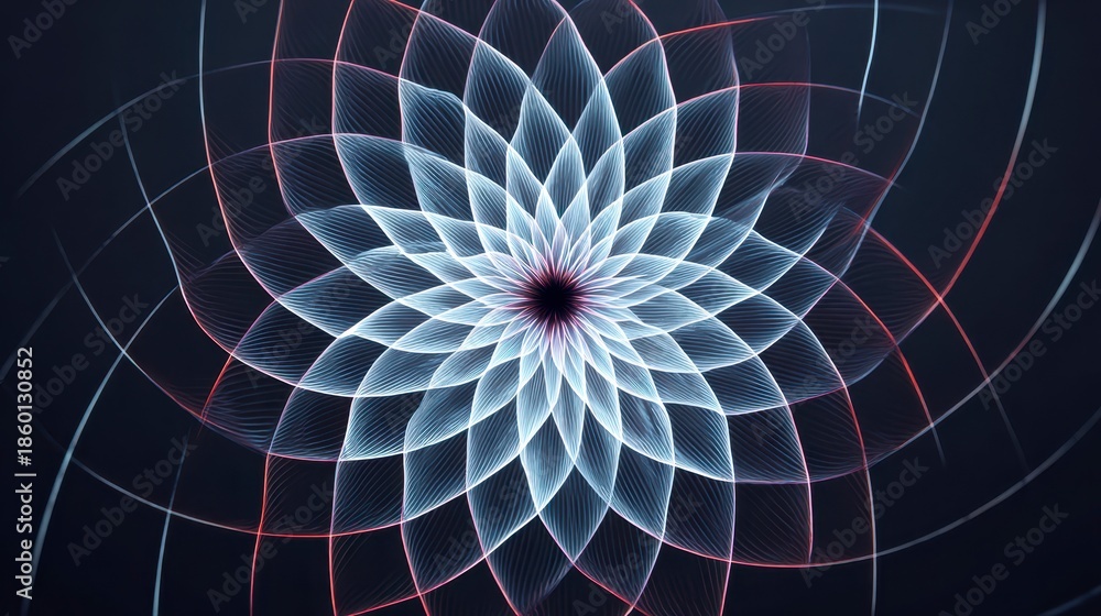 Fototapeta premium Fractal flower pattern with soft glowing lines and radial symmetry on dark background, creating mesmerizing and ultra minimal abstract design with smooth motion effect