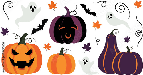 Spooky Halloween Collection Ghosts, Pumpkins, and Autumn Leaves for Festive Decorations