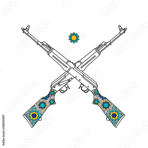 Two crossed rifles with ornate, colorful floral patterns on their stocks, centered on a white background.
