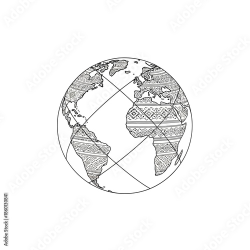 Stylized Earth Globe with Intricate Patterns and Geometric Divisions.