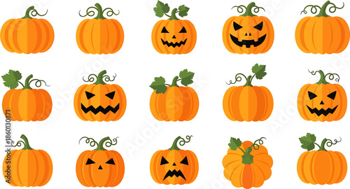 Collection of Spooky and Fun Halloween Pumpkins with Diverse Expressions