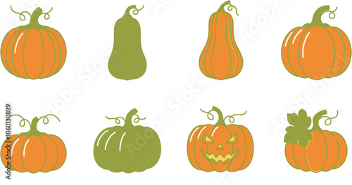 Varied pumpkin and gourd illustrations, in orange and green, including a festive carved design. These graphics embody the spirit of autumnal harvest and seasonal celebrations